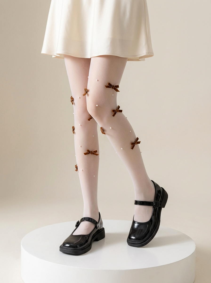 Pearl and Brown Ribbon Bow Tights