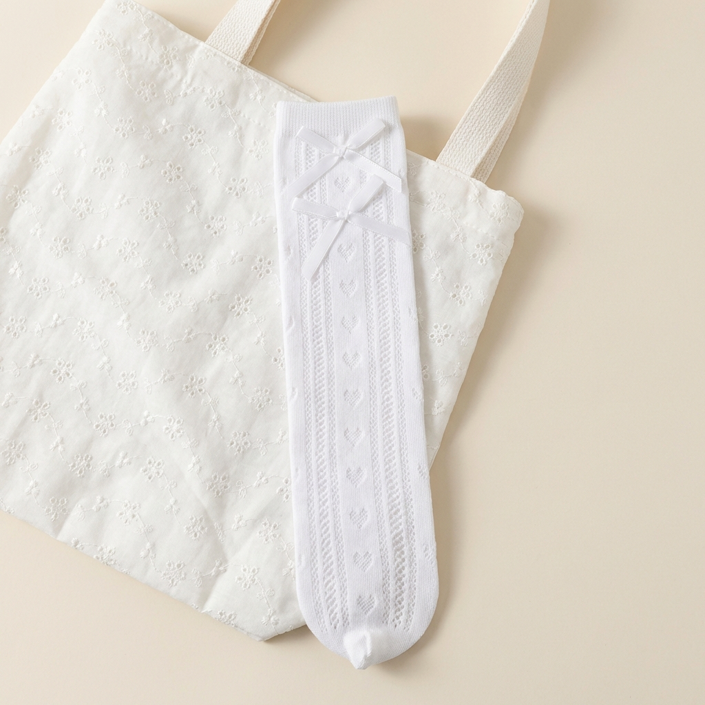 White Pointelle Heart Bow Socks