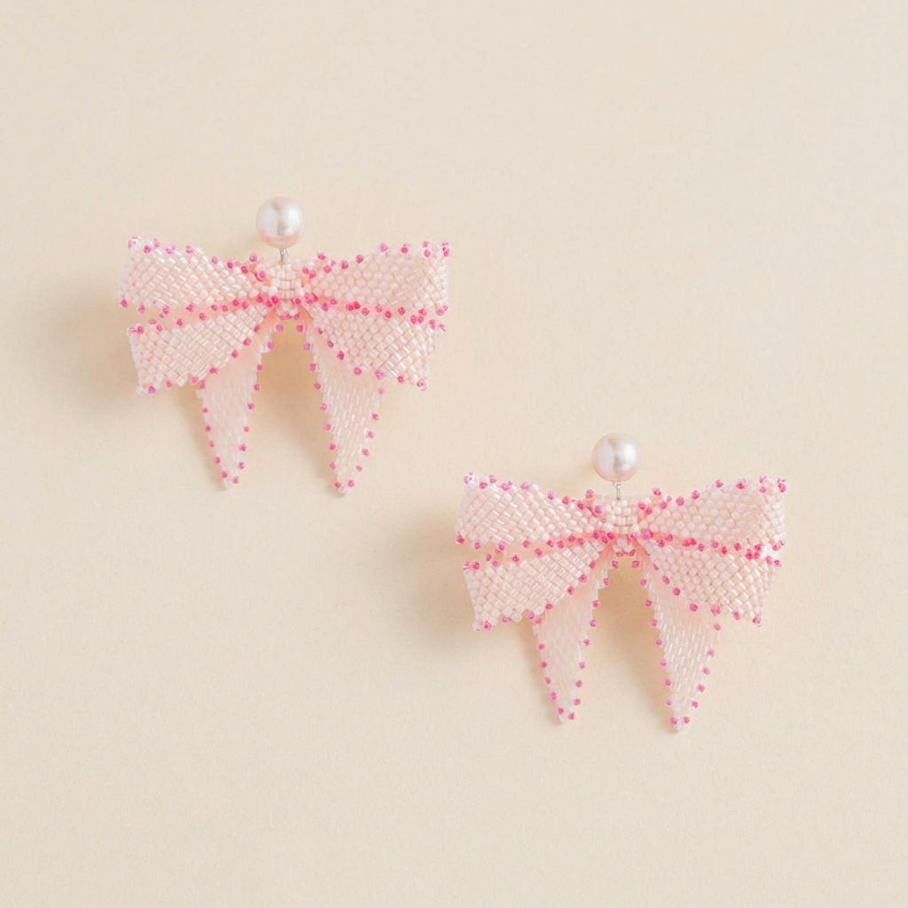 Pink Beaded Bow Silver Earrings